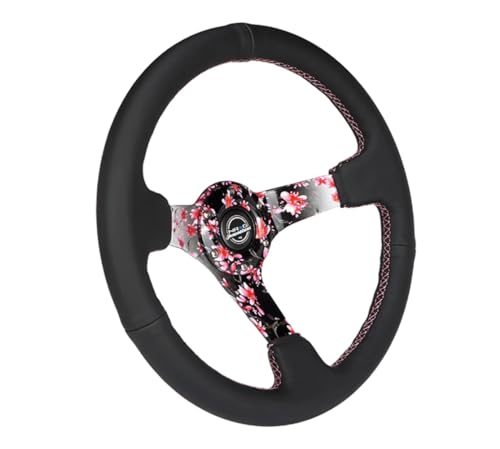 NRG Innovations NRG-RST-036SAK-R Reinforced Steering Wheel, Hydro Dipped Sakura Floral 3" Deep, 5mm Spoke, 350mm, Pink Suede with Black Baseball Stitching