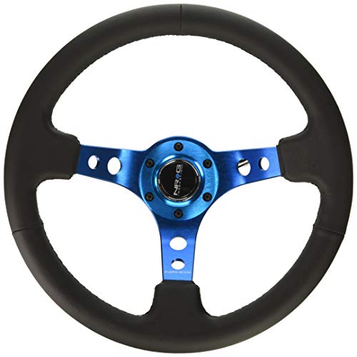 NRG Innovations NRG-RST-006BL Reinforced Steering Wheel - 350mm Sport Steering Wheel (3" Deep) - Blue Spoke w/Round holes/Black Leather