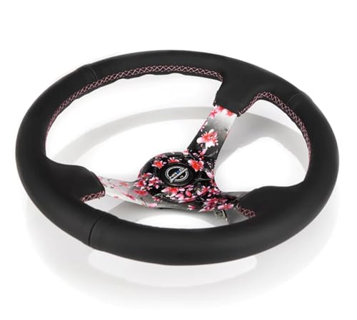 NRG Innovations NRG-RST-036SAK-R Reinforced Steering Wheel, Hydro Dipped Sakura Floral 3" Deep, 5mm Spoke, 350mm, Pink Suede with Black Baseball Stitching