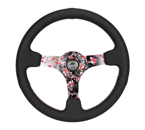 NRG Innovations NRG-RST-036SAK-R Reinforced Steering Wheel, Hydro Dipped Sakura Floral 3" Deep, 5mm Spoke, 350mm, Pink Suede with Black Baseball Stitching