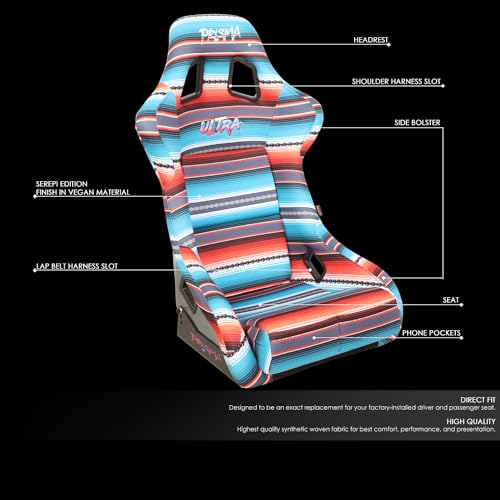 NRG Innovations Prisma Fixed Back Bucket Racing Seat with Bottom Mount Bracket, 24" W X 36" H X 18" D, Red White Blue Black Pink Serape Print, FRP-302-BAJACALI