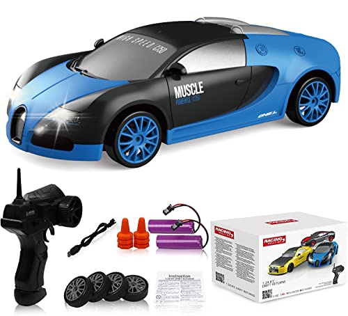 Remote Control Car RC Drift Car 2.4GHz 1:24 Scale 4WD 15KM/H High Speed Model Vehicle with LED Lights Drifting Tire Racing Sport Toy Car for Adults Boys Girls Kids Gift 2Pcs Rechargeable Batteries