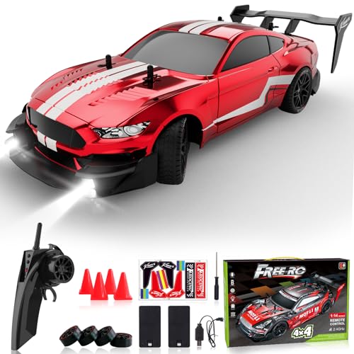 Remote Control Car RC Drift Car 1:16 Scale 4WD RC Car with LED Lights 2.4GHz 30km/h Hard Shell RTR High Speed Drift Racing Sport Toy Car for Adults Boys Girls Kids Gift 2Pcs Rechargeable Batteries