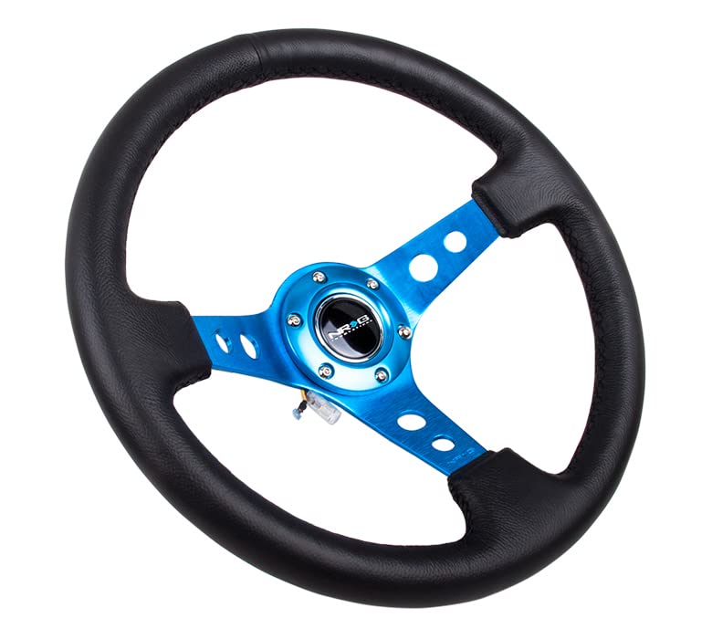 NRG Innovations NRG-RST-006BL Reinforced Steering Wheel - 350mm Sport Steering Wheel (3" Deep) - Blue Spoke w/Round holes/Black Leather