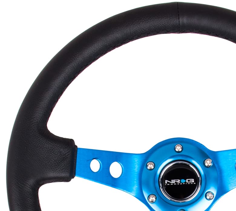 NRG Innovations NRG-RST-006BL Reinforced Steering Wheel - 350mm Sport Steering Wheel (3" Deep) - Blue Spoke w/Round holes/Black Leather