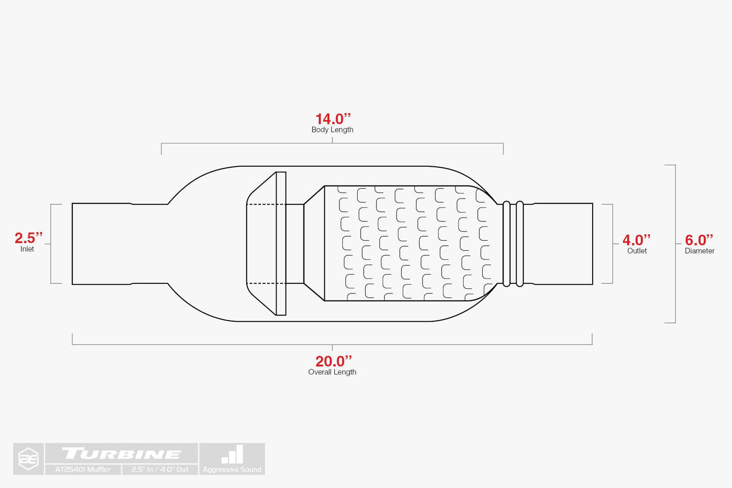 AERO EXHAUST - TURBINE AT2540I PERFORMANCE MUFFLER 2.5" INLET NECK WITH 4" ROLLED TIP OUTLET (AGGRESSIVE SOUND)