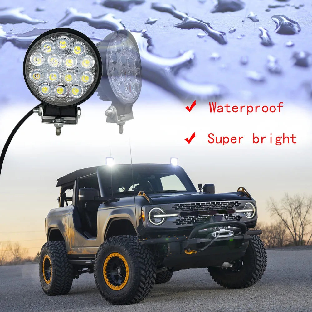 2PCS 42W 9-30V IP67 6000K White LED Work Light Bar Spot Offroad Lamp