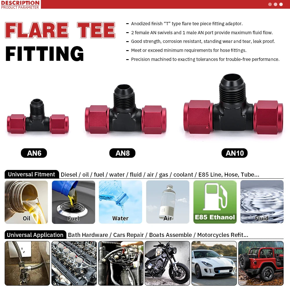 1 Pieces Aluminum Flare Tee Fitting AN6 AN8 AN10 Female Male Tee On