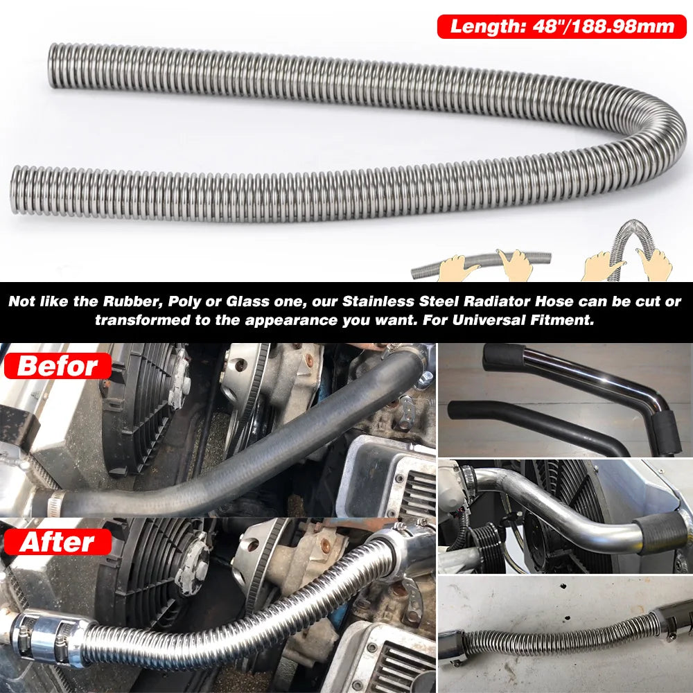 Universal 48" Stainless Steel Radiator Flexible Coolant Water Hose Kit