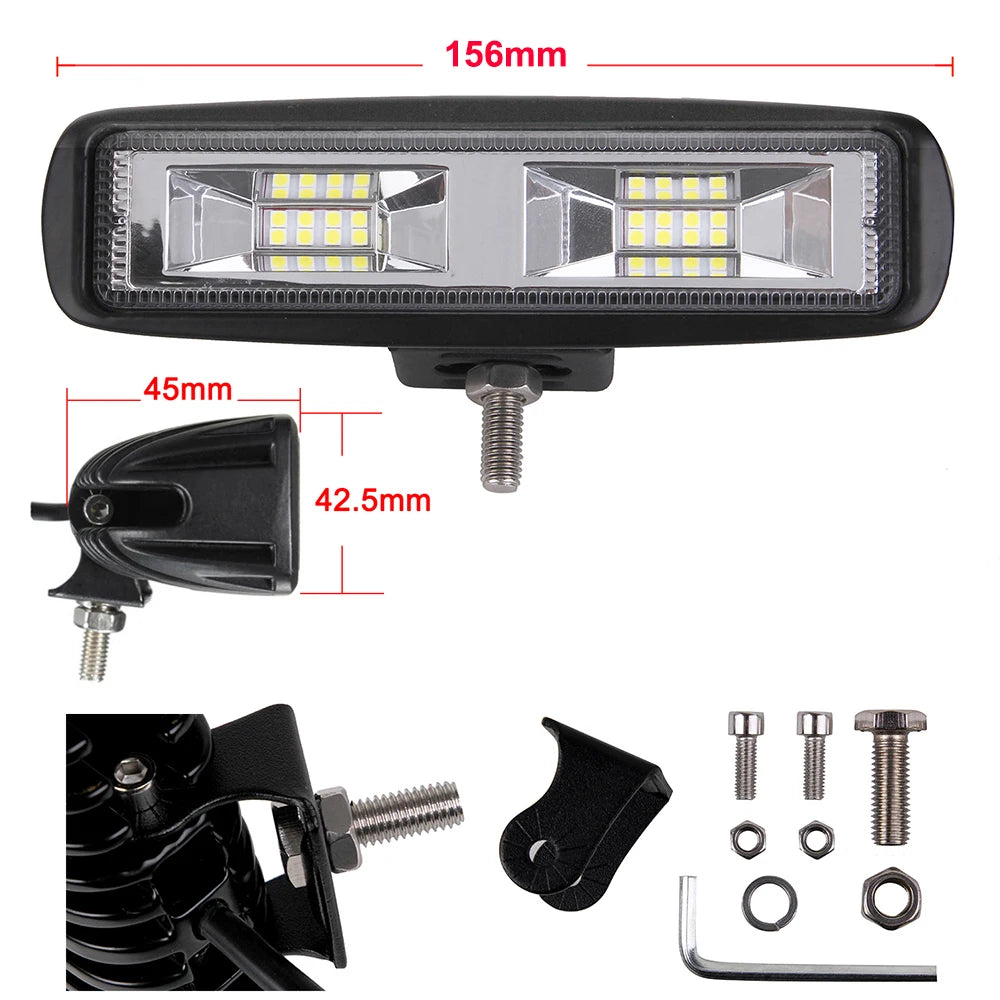 2pcs Slim 6inch LED Work Light Bar 16-LED 24W 6000K Flood Beam for