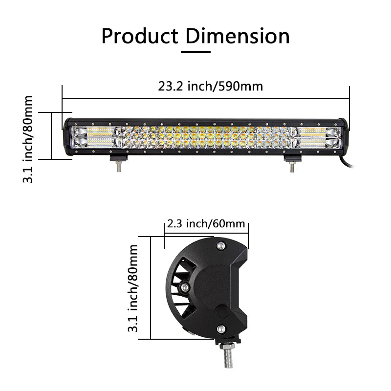 23Inch 324W White & Amber Strobe Flash Tri-Row LED Light Bar Combo 7D