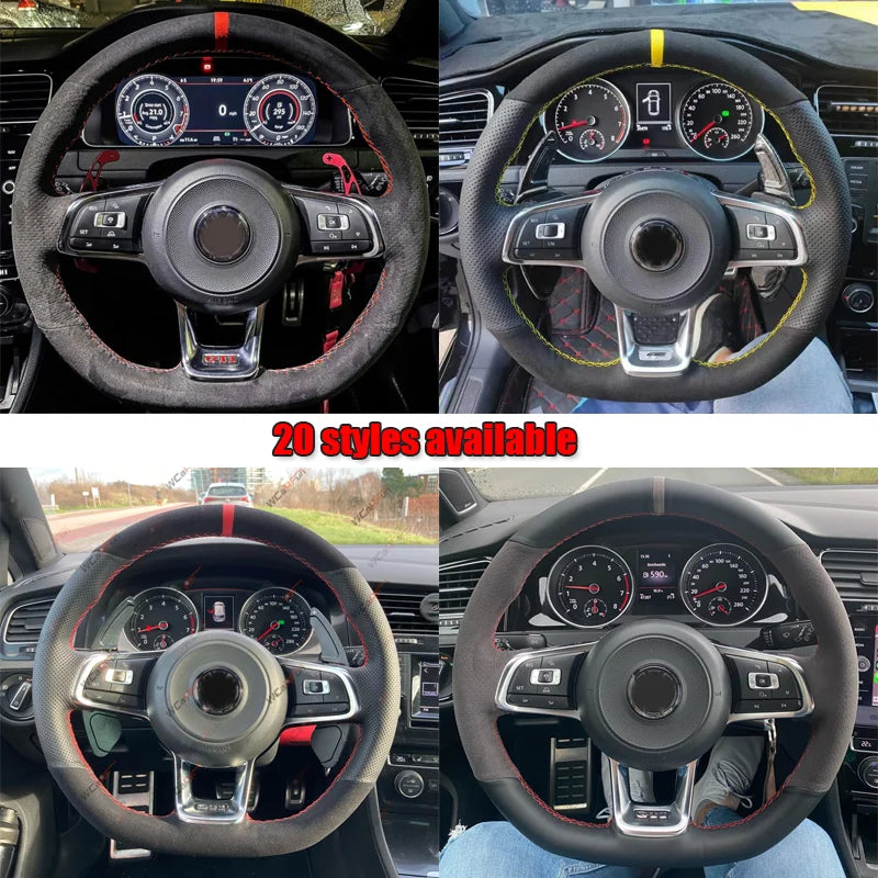 WCaRFun Black Suede Car Steering Wheel Cover for Volkswagen VW Golf R