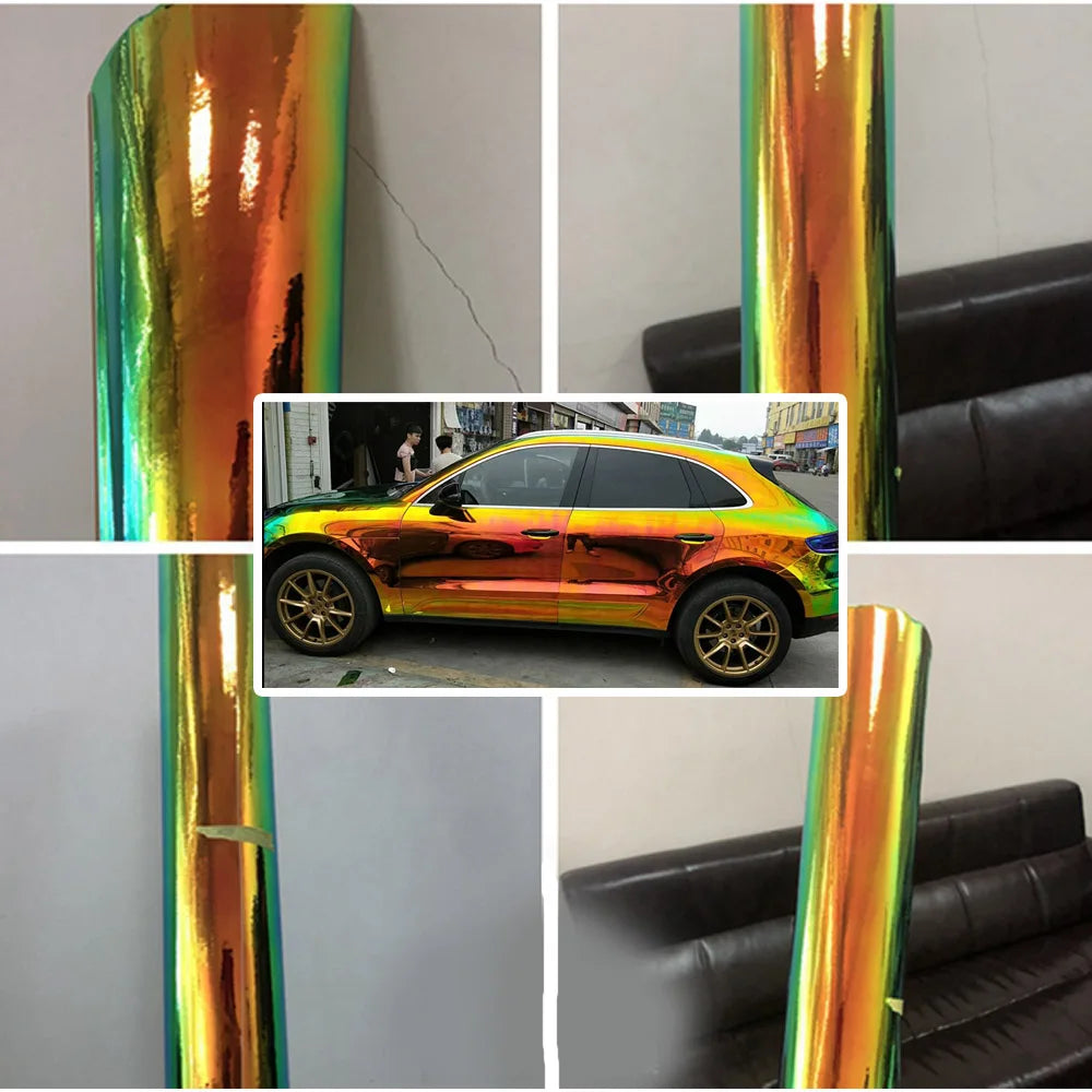 1.35x18m Holographic Rainbow Chrome Green Glossy Film Vinyl Car Wrap