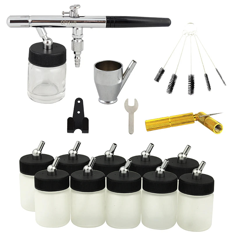 OPHIR 0.35mm Doub Action Airbrush Kit Air-brush Gun w/ 10 Bottles