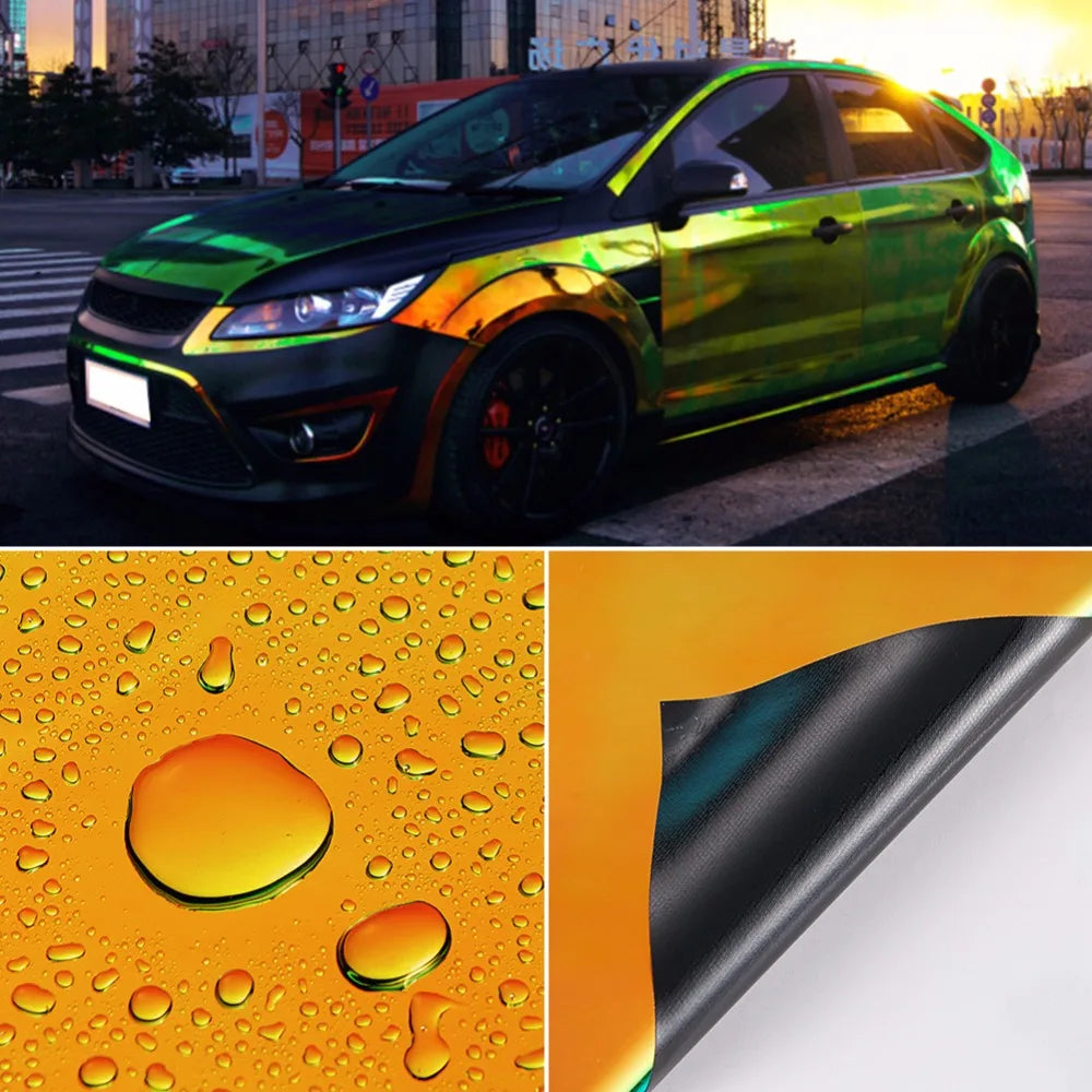 1.35x18m Holographic Rainbow Chrome Green Glossy Film Vinyl Car Wrap