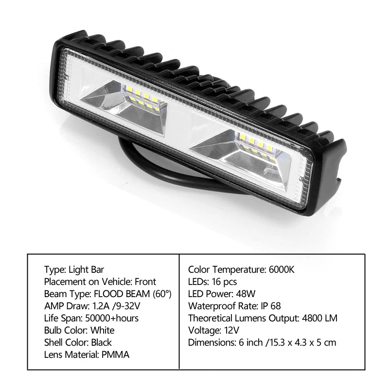 1PCS 6 inch 48W 6000K16 LED Work Light Flood Beam Bar Car SUV Off-Road