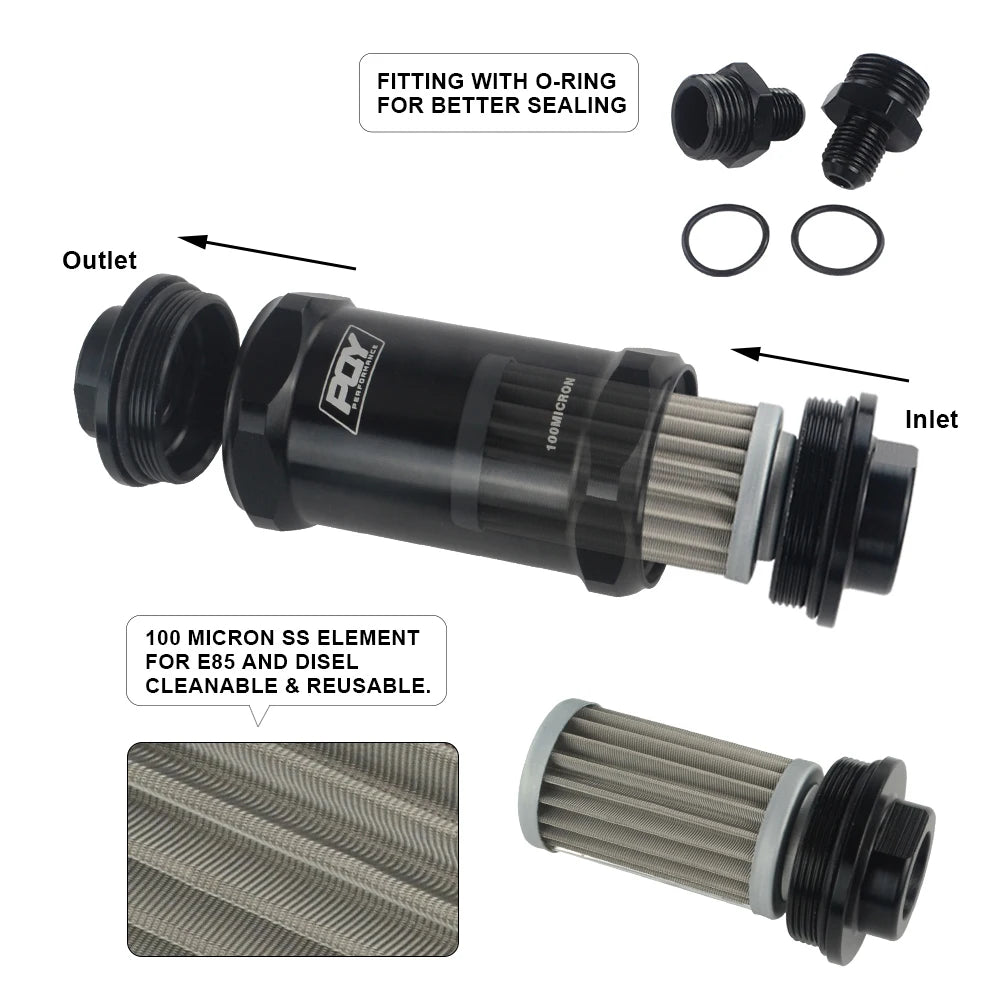 VR - PQY BLACK AN6 / AN8 / AN10 Inline Fuel Filter E85 Ethanol With