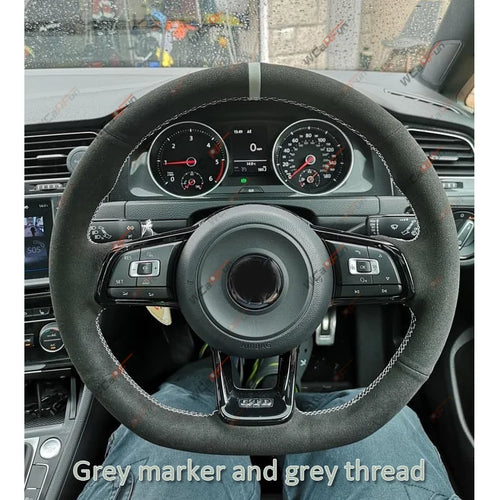 WCaRFun Black Suede Car Steering Wheel Cover for Volkswagen VW Golf R