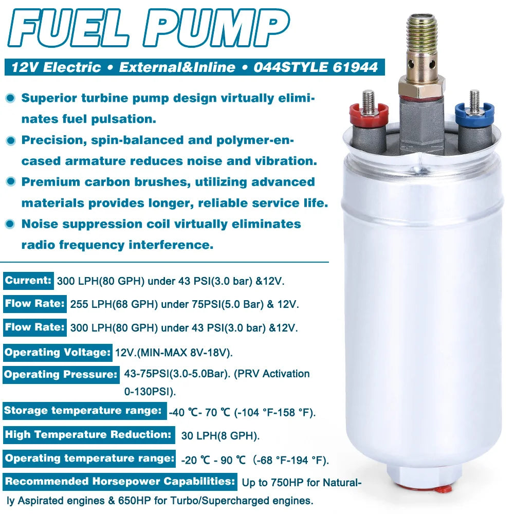 VR - TOP QUALITY External Fuel Pump 044 OEM:0580 254 044 Poulor 300lph