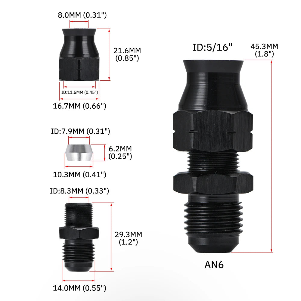 5 Pieces Straight 6AN Male Flare to 5/16" (OD 8mm) Tube Hose Fitting