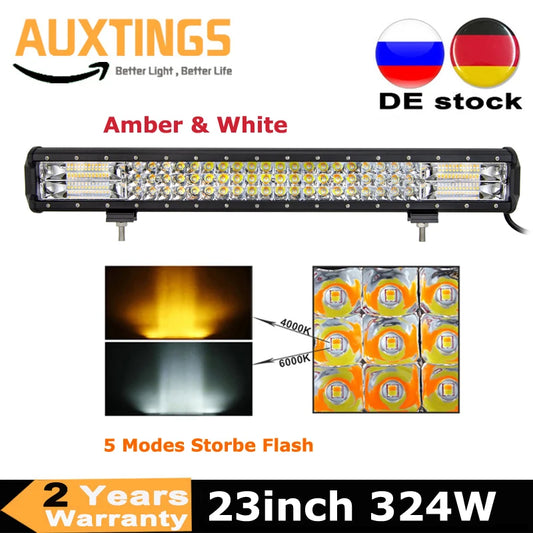 23Inch 324W White & Amber Strobe Flash Tri-Row LED Light Bar Combo 7D