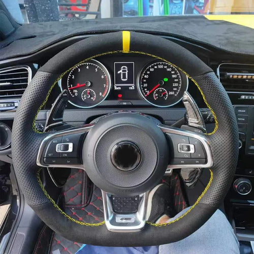 WCaRFun Black Suede Car Steering Wheel Cover for Volkswagen VW Golf R