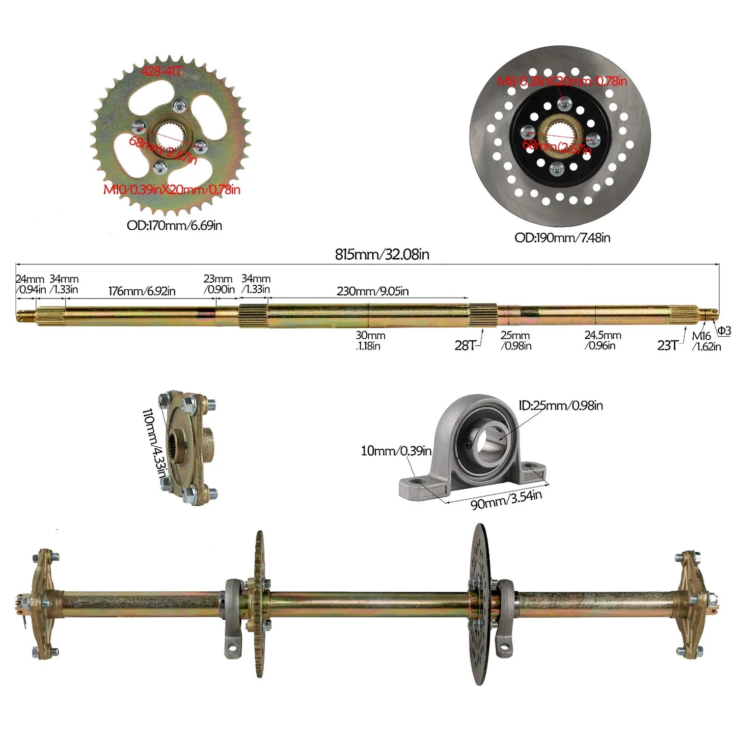 810mm kart  Rear Axle Kits / 5'' Tyre / Steering Wheel /Hub for Go