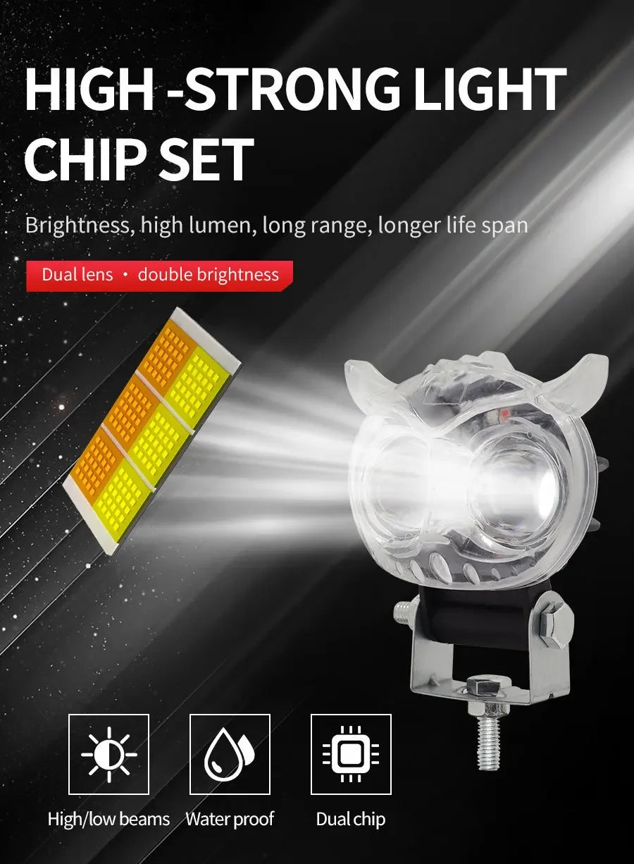 60W LED Motorcycle Headlight Work Light Owl 6000K 3500K White Yellow