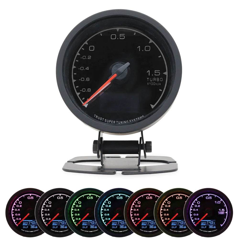 62mm 2.5 Inch 7 Color Turbo Boost Gauge Car Multi LCD Digital Display