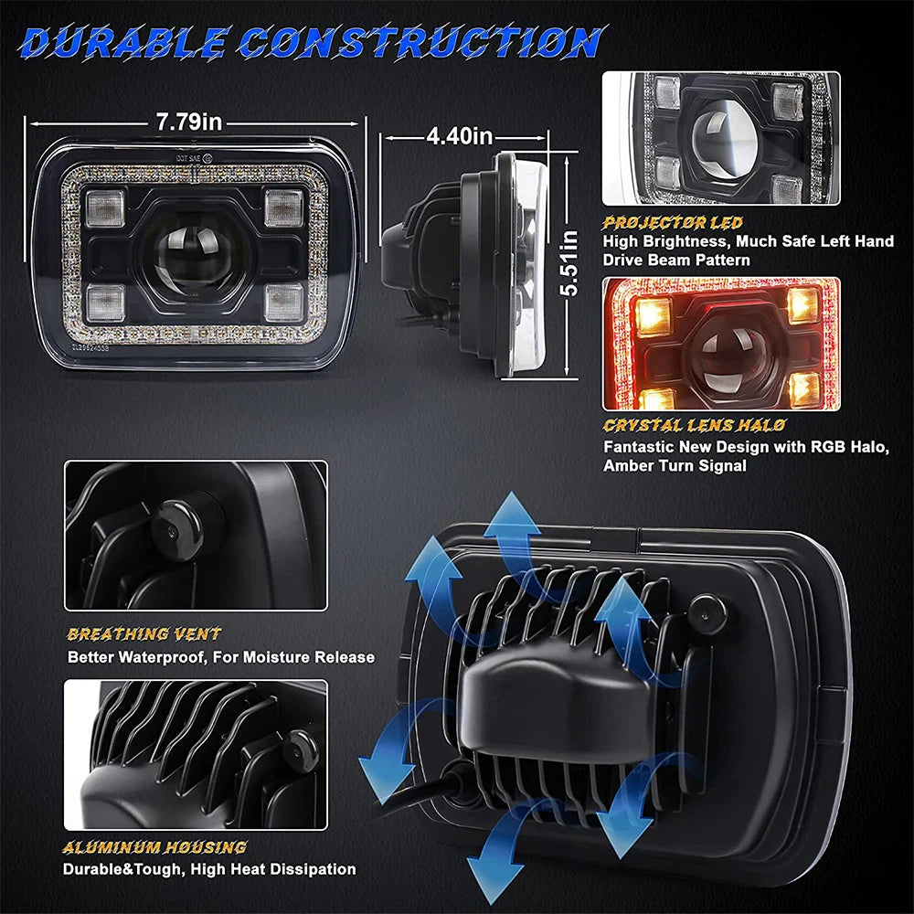 5x7 Inch Square Headlights RGB DRL 2Pcs Compatible with Jeep Wrangler