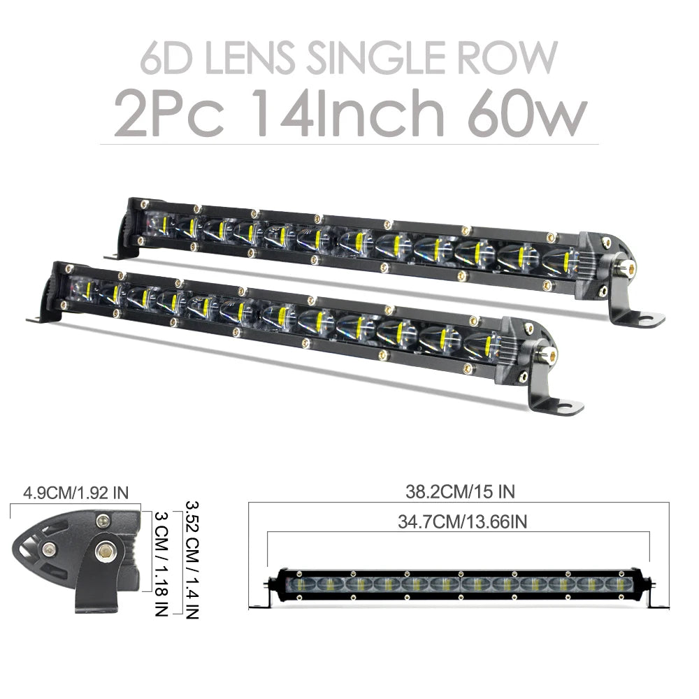 1/2PCS Super Bright LED Work Light Bar 6D Lens 14inch 60W Off Road