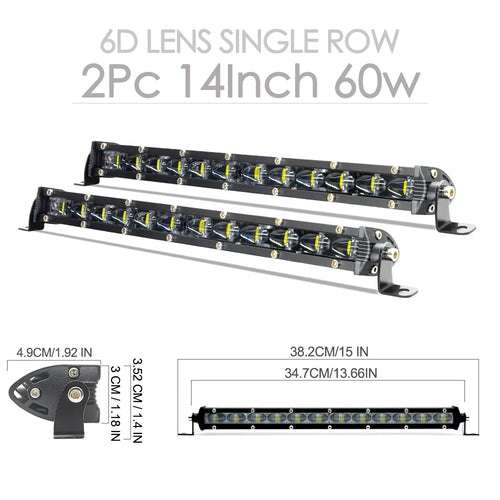 1/2PCS Super Bright LED Work Light Bar 6D Lens 14inch 60W Off Road