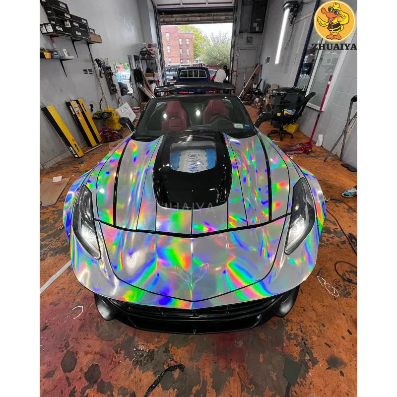 1.52X18M Stretchable Silver Holographic Chrome vinyl Wrap