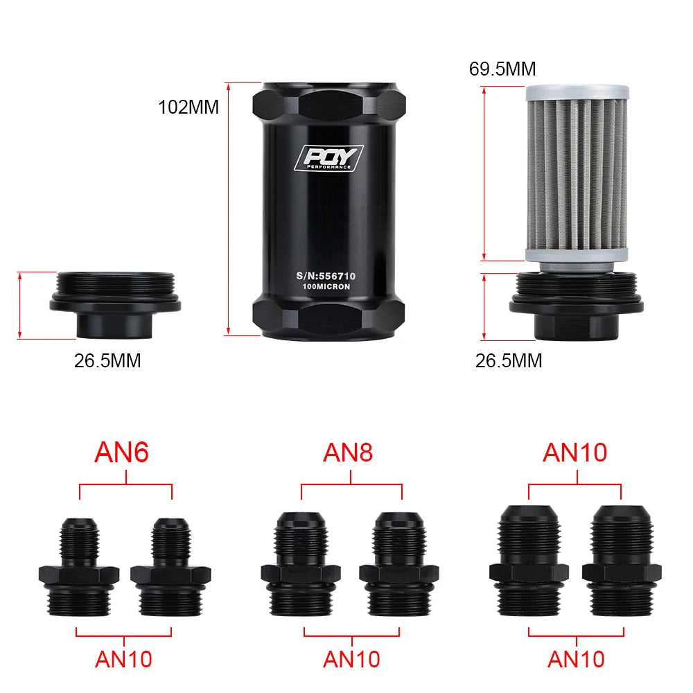 VR - PQY BLACK AN6 / AN8 / AN10 Inline Fuel Filter E85 Ethanol With