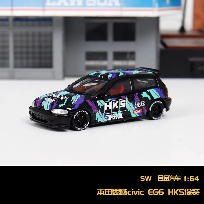 StreetWeapon 1/64 Honda civic EG6 HKS painted hatchback JDM alloy car