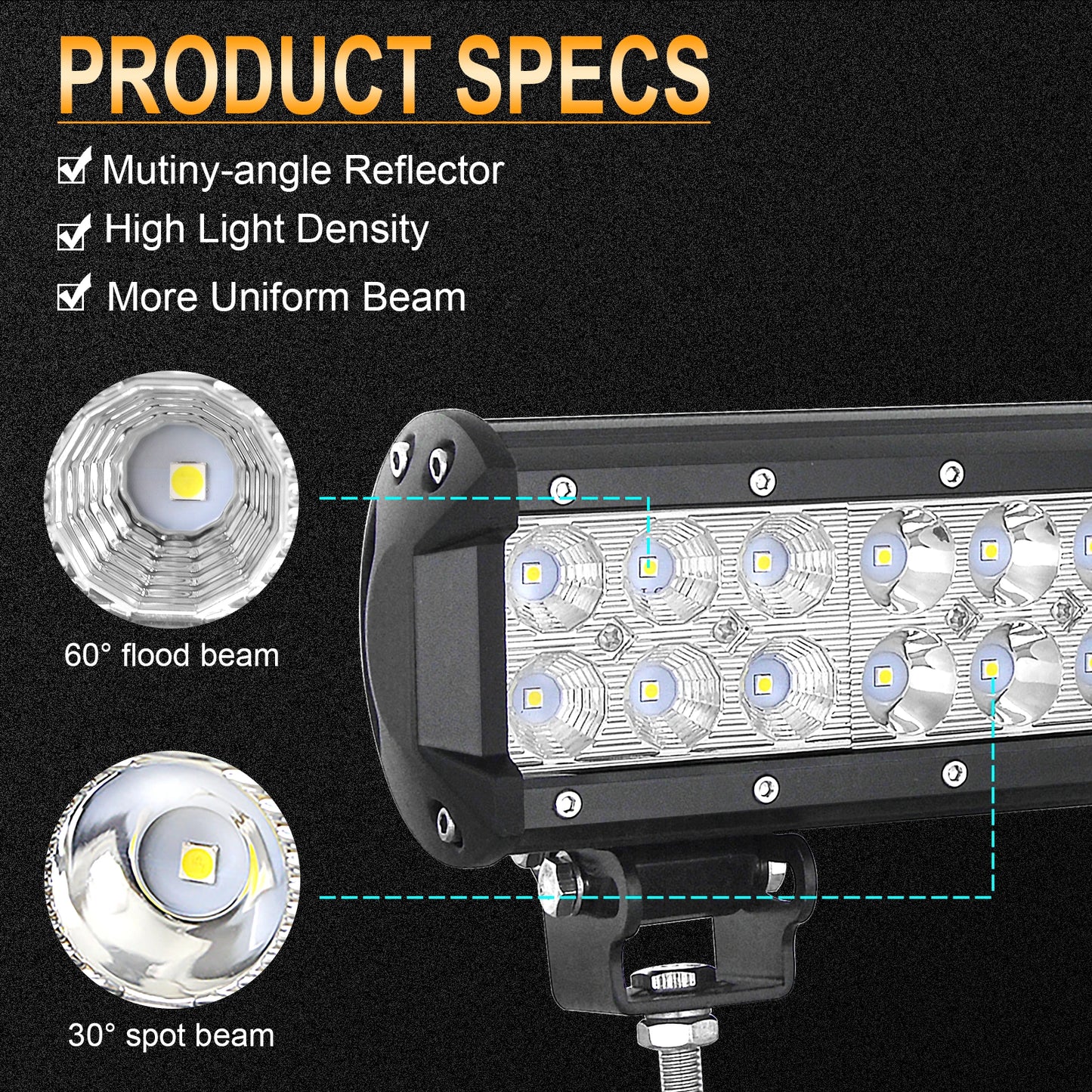 3D 20- 44in 126W-288W Off Road LED Light Bar with 2x18W Flood Work