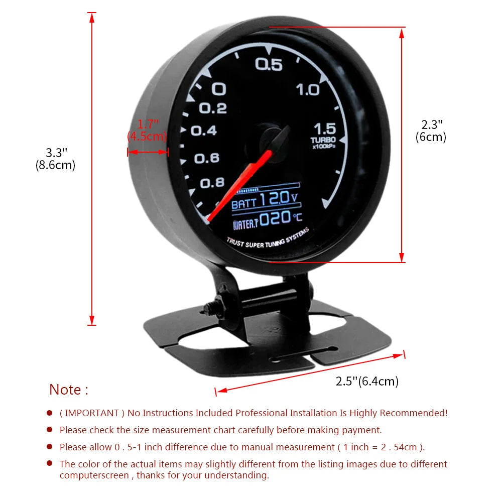 62mm 2.5 Inch 7 Color Turbo Boost Gauge Car Multi LCD Digital Display