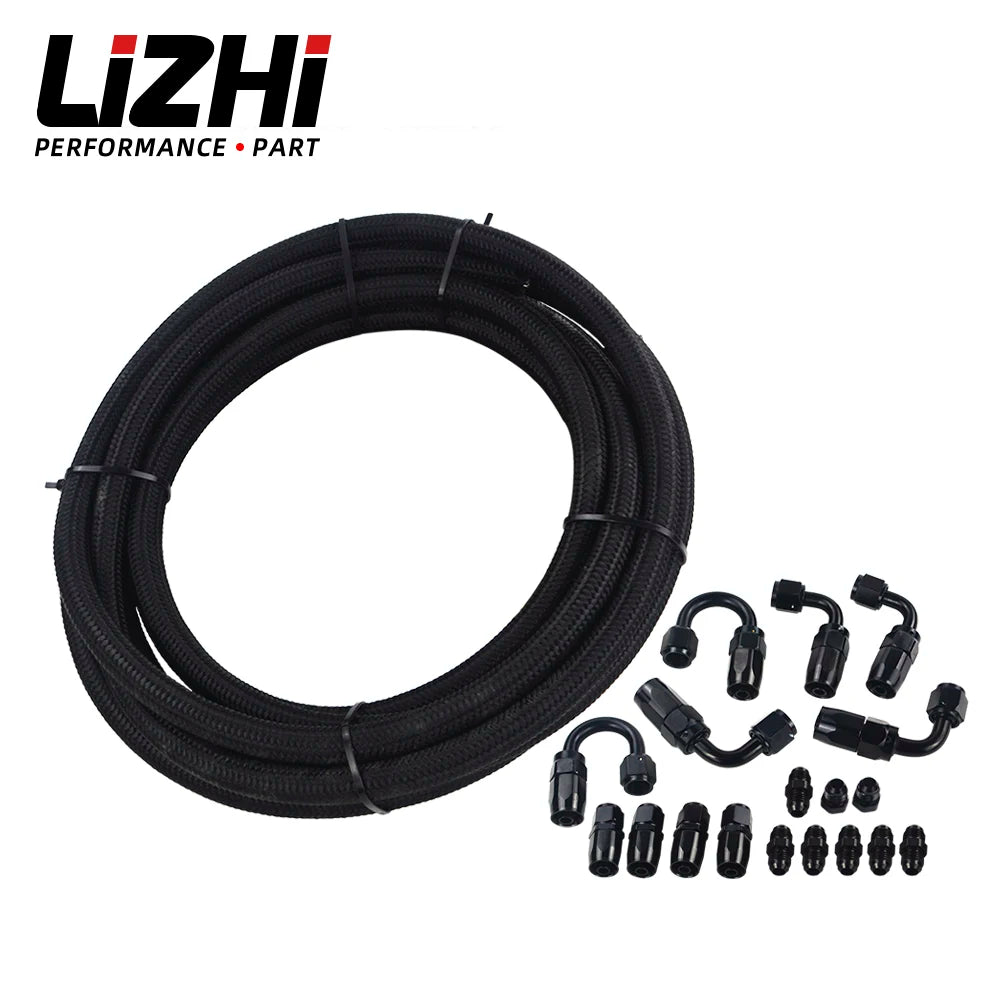 LIZHI RACING - AN6 Black  Braided Racing Hose Fuel Oil Line + Fitting