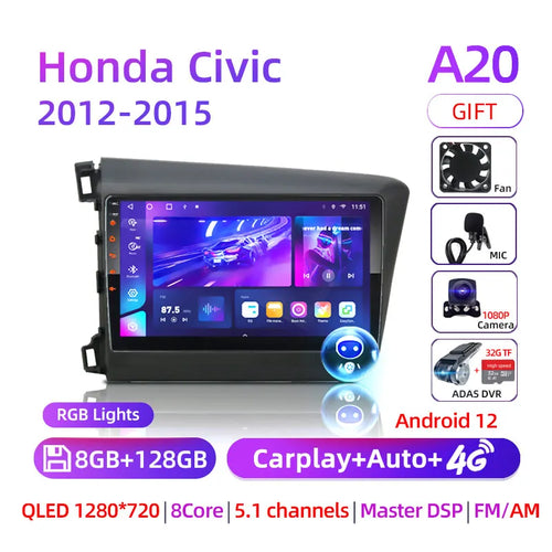 9" Android 12 Car Radio 8 Core For Honda Civic 2012 2013 2014 2015