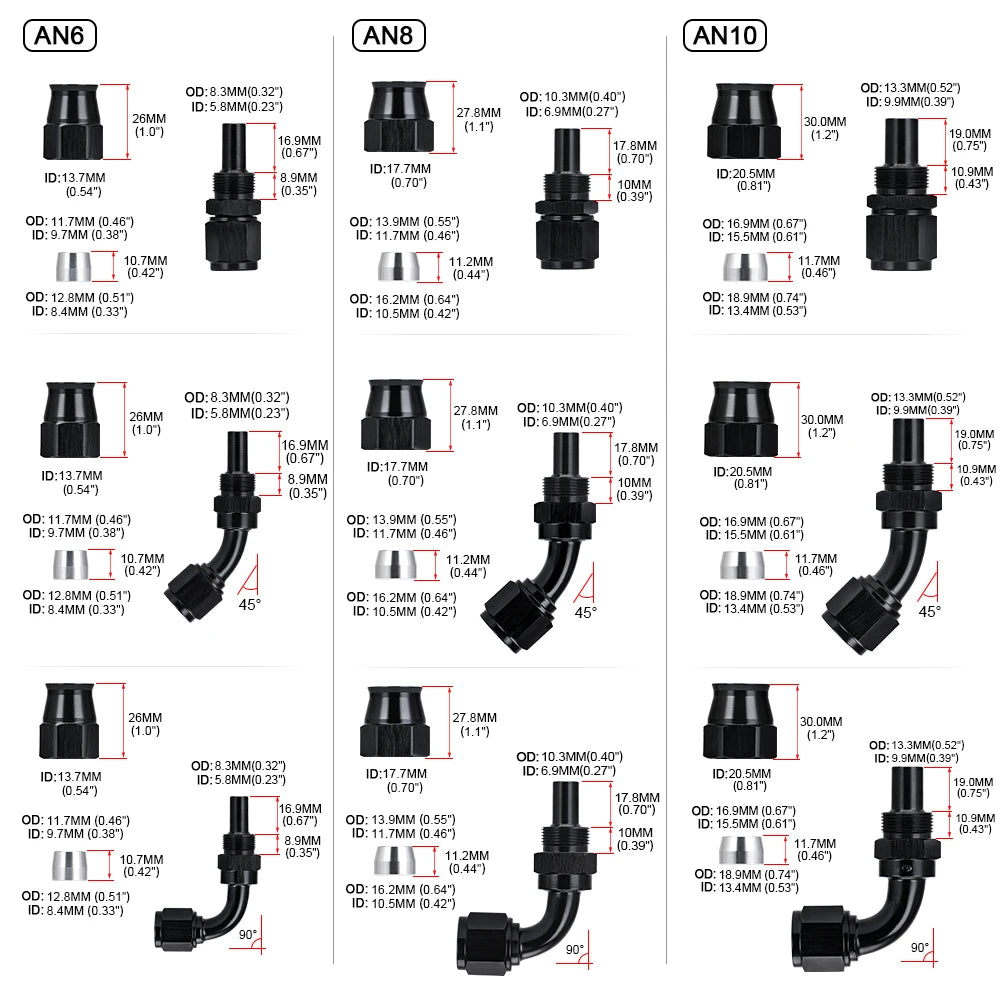 5 Pieces PTEF AN6 8 10 Straight 45 90 Degree Reusable Swivel Hose End