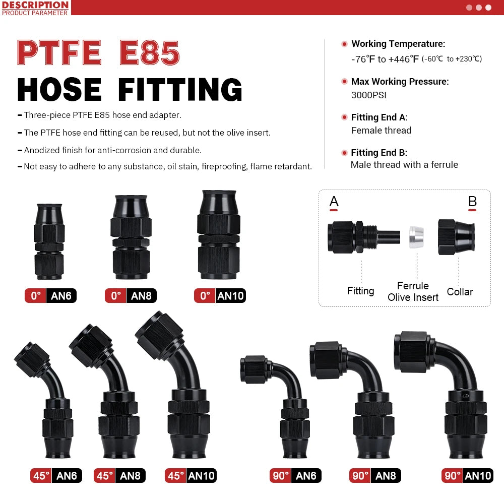 5 Pieces PTEF AN6 8 10 Straight 45 90 Degree Reusable Swivel Hose End