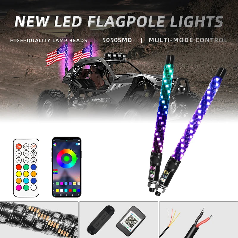 2PCS 1FT LED Whip Lights,Remote Control Flagpole Antenna Whips,for