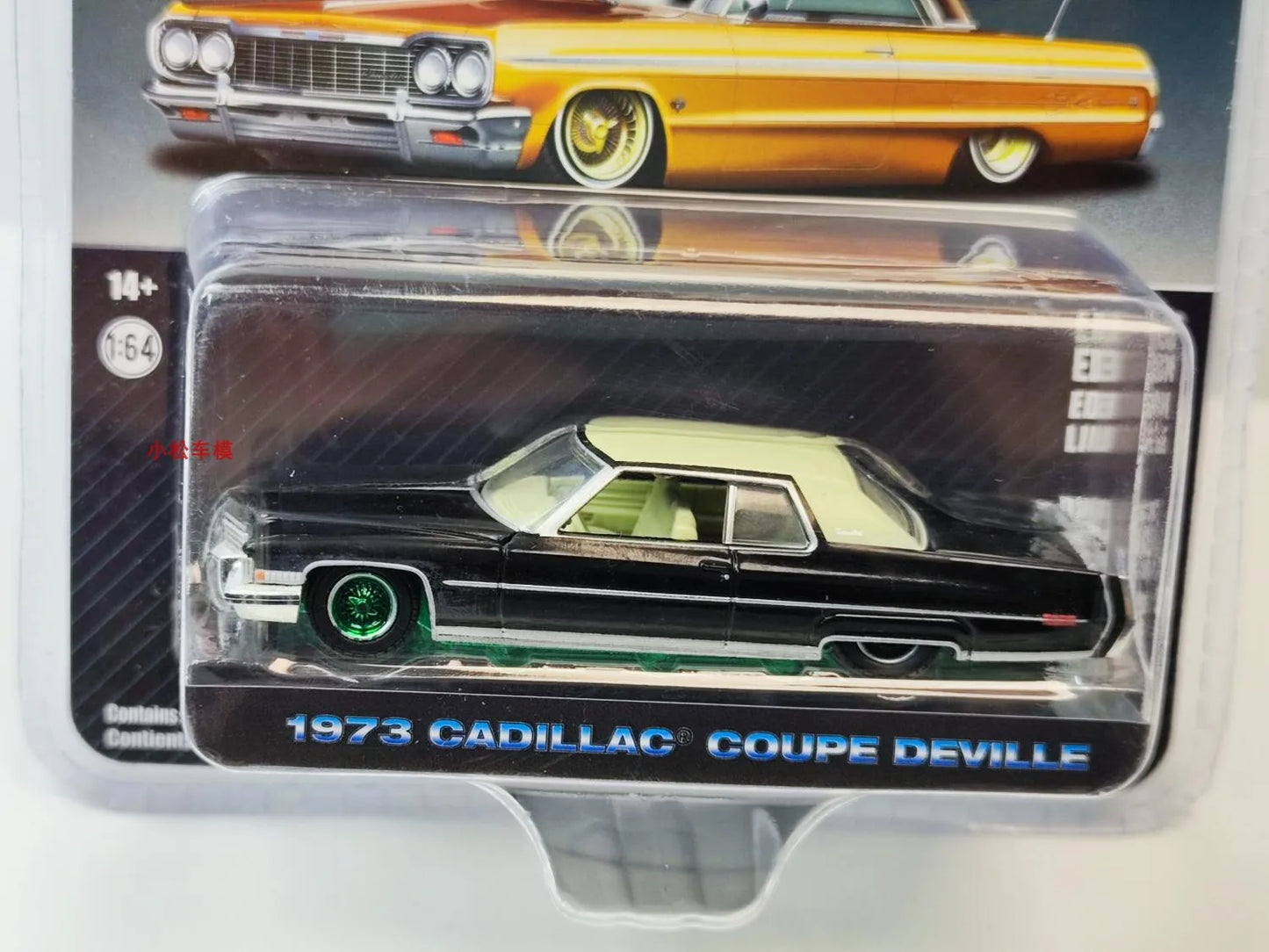 1: 64 1973 Cadillac Coupe DeVille black and gold wheel green version