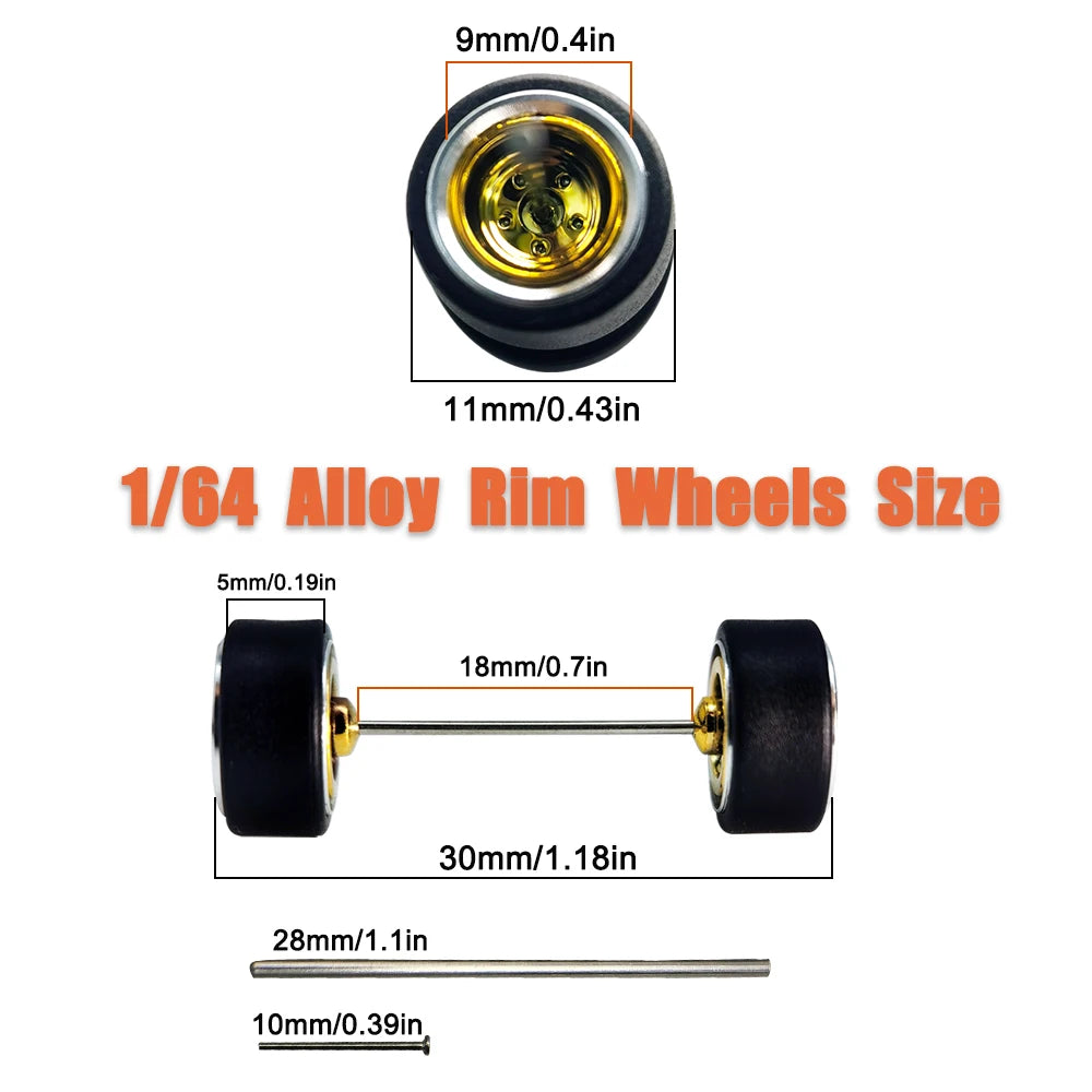 1/64 Alloy Rims Wheels Set for Diecast Model Car, Rubber Tires