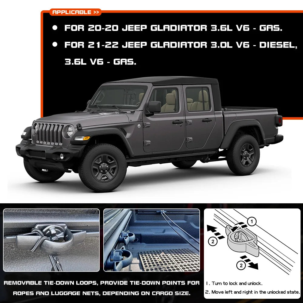 Trail Rail Kit For 20-22 Jeep Gladiator 3.0L 3.6L V6 Utility Rails Tie