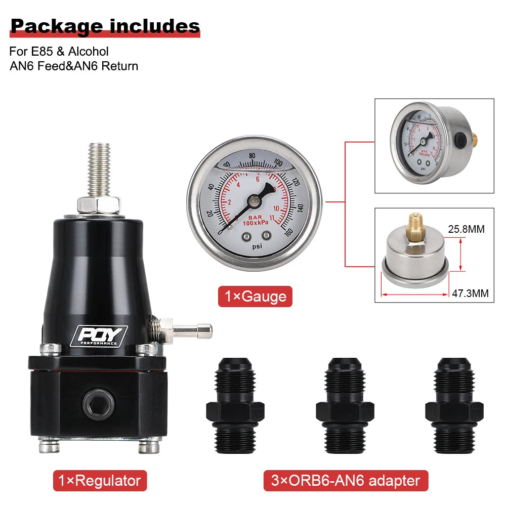 WX UNIVERSAL FUEL PRESSURE REGULATOR + GAUGE + AN6 FITTING 30-70 PSI