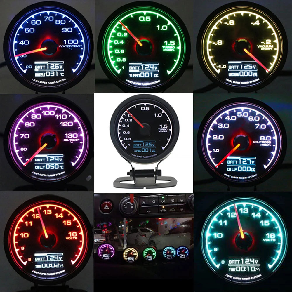 62mm 2.5 Inch 7 Color Turbo Boost Gauge Car Multi LCD Digital Display