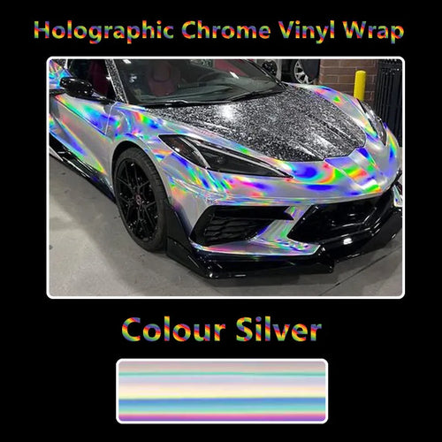 1.52X18M Stretchable Silver Holographic Chrome vinyl Wrap