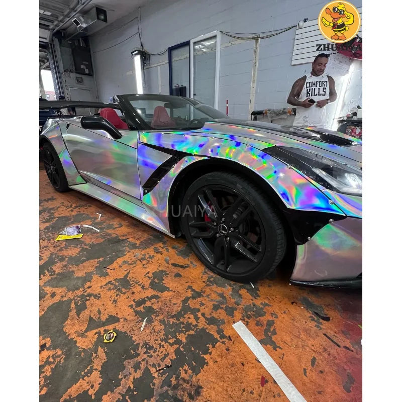 1.52X18M Stretchable Silver Holographic Chrome vinyl Wrap