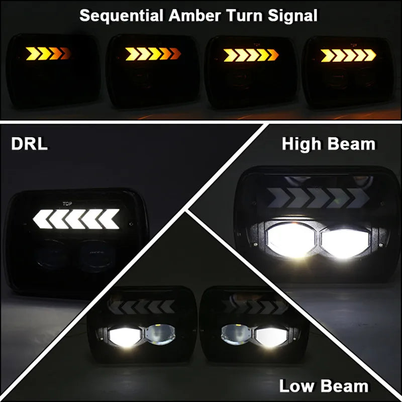 2pcs 9-30V Led Headlight 5x7 Rectangular White DRL Amber Flow Turn